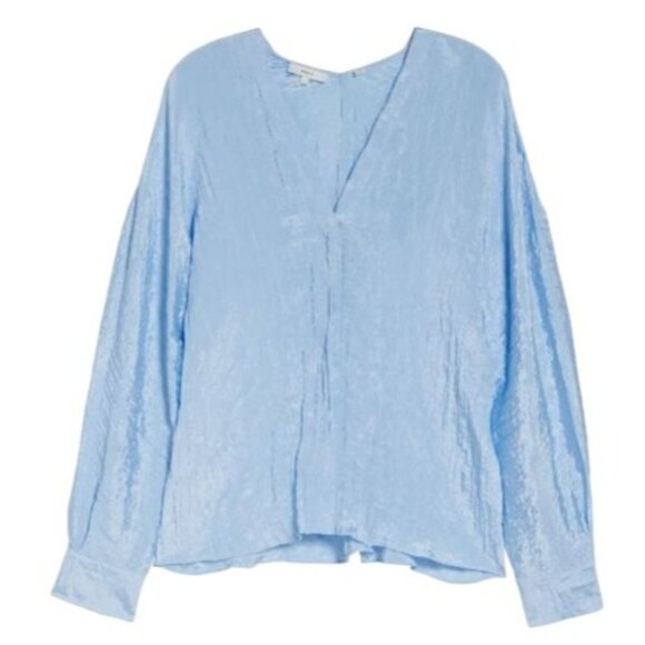 Vince Women's Blouse Double V-Neck Crinkle Cerulean Blue Long Sleeve 3X NEW - Picture 2 of 7